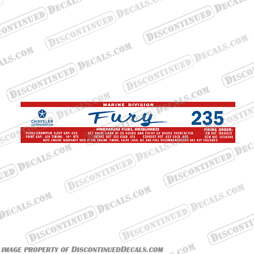 Chrysler Fury 235 Marine Division Decal outboard, engine, gas, fuel, tank, decal, sticker, replacement, new, chrystler, chrysler, 235, fury, marine, division,
