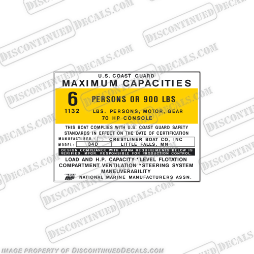Crestliner 34D Boat Capacity Decal - 6 Person capacity, plate, sticker, decal, 34, d, voyager, crest, liner, INCR10Aug2021