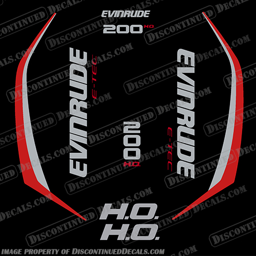 Evinrude 200hp High Output G2 E-Tec Decal Kit ( Red / Grey ) - 2014-2019 evinrude, decals, 200, hp, 200hp, e-tec, 2015, g2, outboard, cowl stickers, red, stickers, kit, 2014, 2015, 2016, 2017, 2018, 2019, 2015+, red, grey, red/grey, gray,