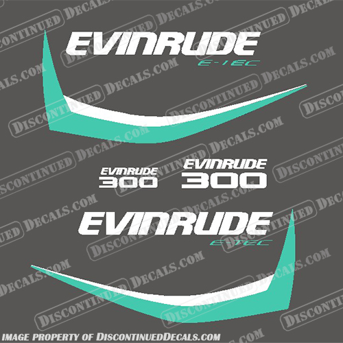 Evinrude 300hp G1 E-Tec Decal Kit (Aqua/White) - 2014-2016 evinrude, 300, 300hp, hp, e-tec, etec, 2014, 2015, 2016,  g1, generation, outboard, engine, motor, decal, sticker, kit, set, aqua, white, decals, stickers, 
