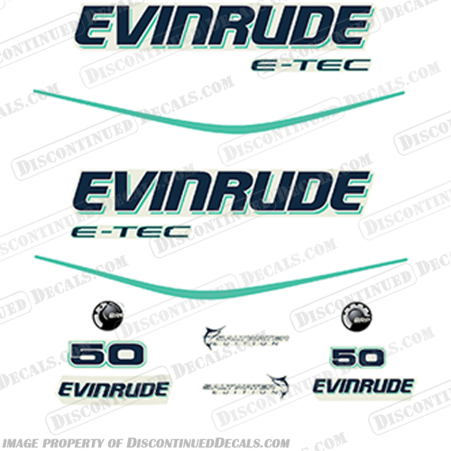 Evinrude 50hp E-Tec Decal Kit - Aqua evinrude, 40hp, 50hp, 60hp, outboard, engine, motor, decal, sticker, kit, set, 40, 50, 60, 2013, 2014, 2015, 2016, 2017, 2018, evinrude 40 50 60 aqua E40DGTLAGA