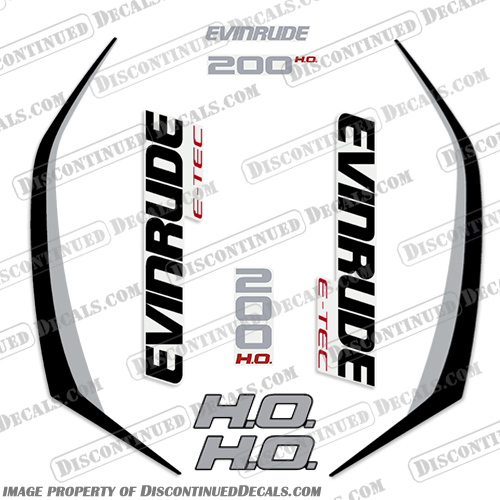 Evinrude 200hp High Output G2 E-Tec Decal Kit (Silver / Black) - 2014-2019 evinrude, decals, 200, hp, 200hp, e-tec, 2015, g2, outboard, cowl stickers, red, stickers, kit, 2014, 2015, 2016, 2017, 2018, 2019, Silver, Black, Silver/Black, Silver / Black