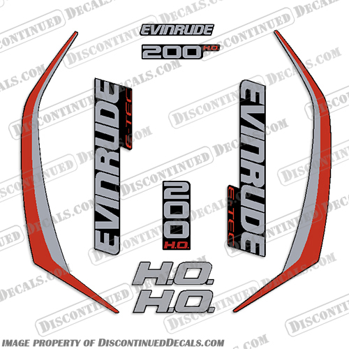 Evinrude 200hp High Output G2 E-Tec Decal Kit (Red) - 2014-2019 evinrude, decals, 200, hp, e-tec, 2015, g2, outboard, cowl stickers, red, stickers, kit, 2014, 2016, black, silver, boat, engine, 2015, 200hp, high output,