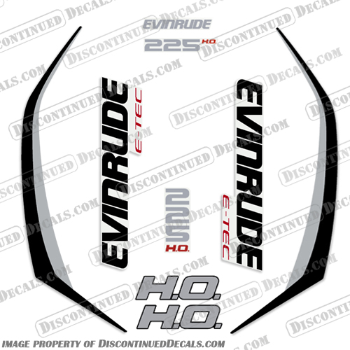 Evinrude 225hp High Output G2 E-Tec Decal Kit (Silver / Black) - 2014-2019 evinrude, decals, 225, hp, 225hp, e-tec, 2015, g2, outboard, cowl stickers, red, stickers, kit, 2014, 2015, 2016, 2017, 2018, 2019, Silver, Black, Silver/Black, Silver / Black