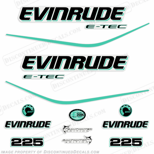 Evinrude 225hp E-Tec Decal Kit - Aqua etec, 225, evinrude, e, tec, e-tec, outboard, motor, decal, set, sticker, kit, INCR10Aug2021