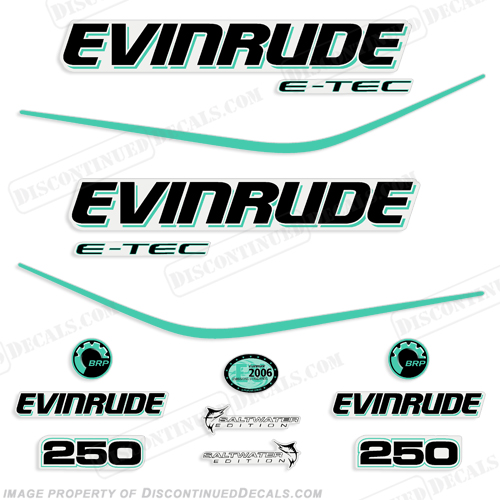 Evinrude 250hp E-Tec Decal Kit - Aqua evinrude, 250, hp, etec, e-tec, decal, kit, aqua, 2007, stickers, outboard, enginge, motor, decals, boat