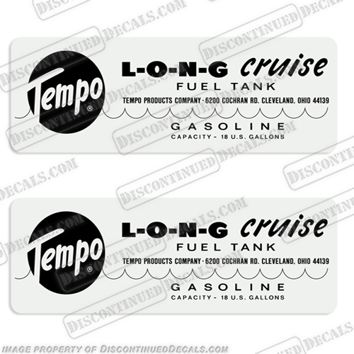 Tempo Long Cruise 18 Gallon Gasoline Fuel Tank Decal Sticker - Style 2 1970s tempo, 1970, 1971, 1972, 1973, 1974, 1975, 1976, 1977, 1978, 1979, 70, 71, 72, 73, 74, 75, 76, 77, 78, 79, outboard, engine, gas, fuel, tank, decal, sticker, replacement, new, 3 1/4, 3, gal, 3.25gal, 3.25gallon, 6, gallon, wiz, wizard, decals, INCR10Aug2021, fuel, tank, decals, tempo, long, cruise, 18, gallon, gasoline, sticker