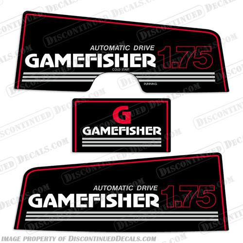 Gamefisher 1.75hp Outboard Decal Kit (1989-1990)  1.75 hp, 89, 90, 1.75, game, fisher, gamefisher, game-fisher, outboard, decals, stickers, kit, 