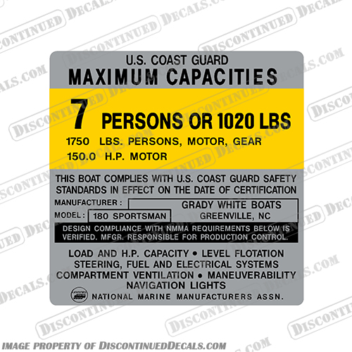 Grady White Sportsman 7 Person Boat Capacity Decal  Grady, White, Sportsman, Sports, man, 7, person, people, boat, capacity, decal, decals,