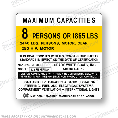 Grady White 222 Fisherman - 8 Person Capacity Decal  grady, white, gradywhite, capacity, regulation, plate, decal, sticker, hp, outboard motor, tiller, engine, decal, sticker, kit, set, INCR10Aug2021 