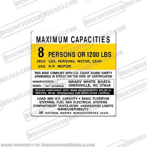 Grady White 247 Advance - 8 Person Capacity Decal   grady, white, gradywhite, capacity, regulation, plate, decal, sticker, hp, outboard motor, tiller, engine, decal, sticker, kit, set, INCR10Aug2021