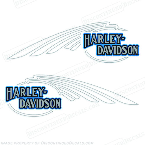 Harley-Davidson FXSTC Softail Decals Silver / Blue (Set of 2) - Fuel Tank Harley-Davidson, fxstc, Decals,  silver, (Set of 2), 14471, Harley, Davidson, Harley Davidson, soft, tail, 1995, 1996, 96, softtail, soft-tail, softail, harley-davidson, Fuel, Tank, Decal, 2009, INCR10Aug2021