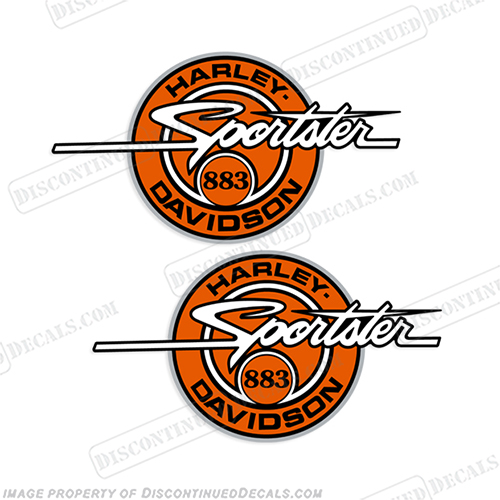 Harley-Davidson Sportster 883 Decals - Style 1  (Set of 2) Harley, Davidson, round, logo, decal, orange, INCR10Aug2021