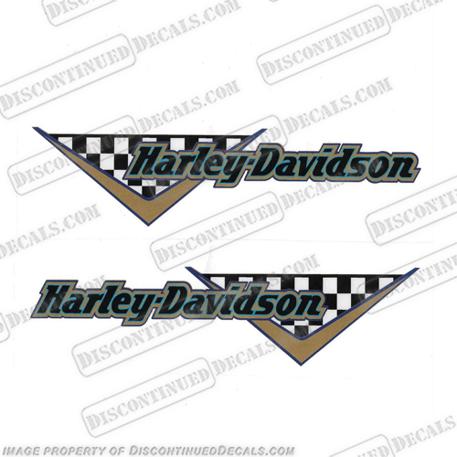 Harley Davidson Checkered GOLD and BLUE Gas Tank Decals (Set of 2)   harley, harley davidson, harleydavidson, check, INCR10Aug2021, checkered, motorcycle, bike, racing, tank, decal, sticker, kit, set