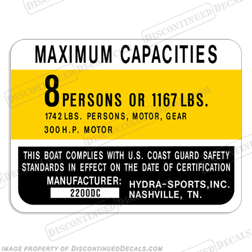 Hydra-Sports 2200DC Capacity Decal - 8 Person  capacity, plate, sticker, decal, hydra, sports, hydro, sport, dc, vector, INCR10Aug2021