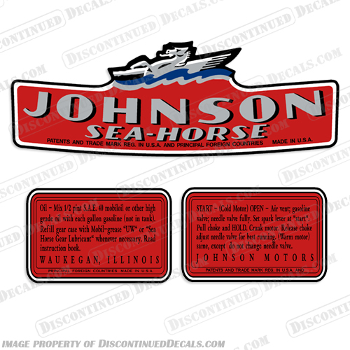 1940 Johnson 1.5hp Sea Horse Decal Kit - M10, M15 johnson, seahorse, sea, horse, 1.5, 1.5hp, 1.5 hp, hp, decals, decal, kit, stickers, vintage, m10, m15, md10, md15, 1940, 