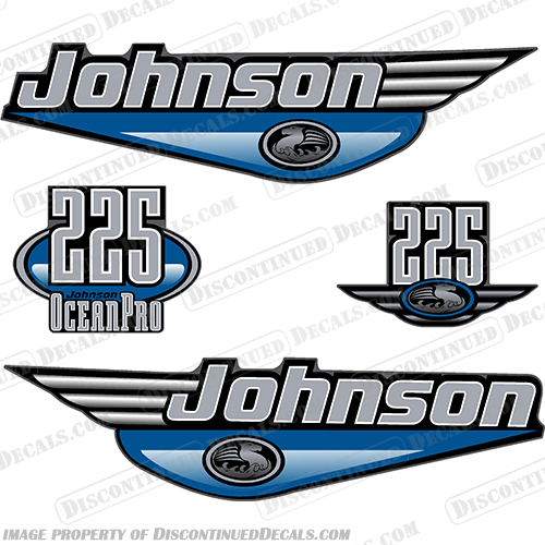 JOHNSON 225HP OCEANPRO DECALS - LIGHT BLUE johnson, 225hp, 225 hp, 225, 1999, 99, ho, high, output, outboard, engine, motor, decals,  decals, sticker, kit, set, Light Blue, Light, Blue