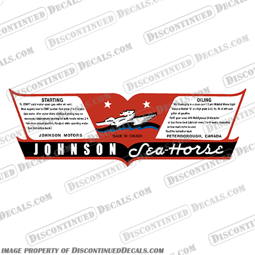 Johnson 2.1 / 4.2hp Sea Horse Decal Kit johnson, seahorse, sea, horse, 4.2, hp, 4.2hp, decal, kit, stickers, 1937, 1938, vintage, engine, motor, 37, 38, 2.1 hp, LT37, LT38, lt37, lt38,dt37, dt38 Canada, CAD, USA