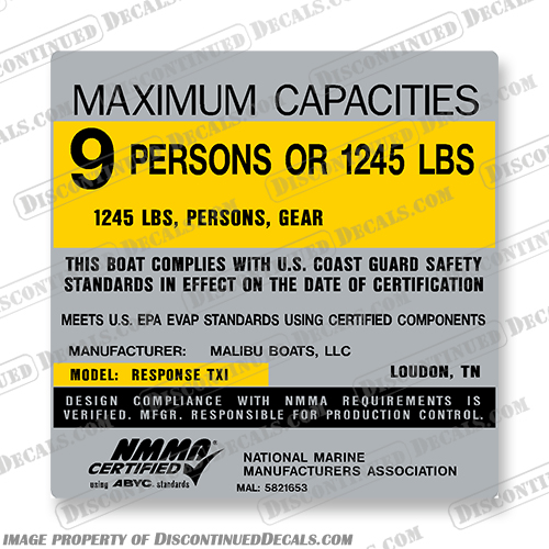 Malibu Boats Response TXI Boat Capacity Decal 9 Person Malibu, Boat, boats, response, TXI, Capacity, decal, 9, person, people, 
