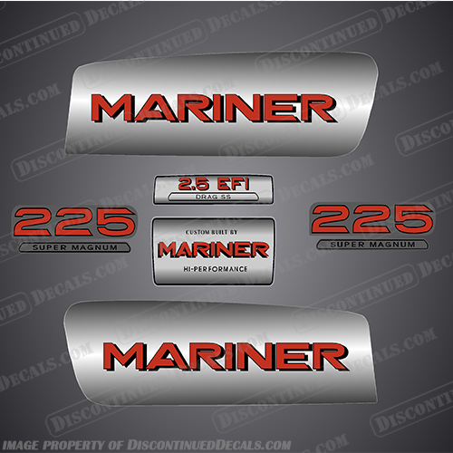 1998-2006 Mariner 225 2.5 Liter EFI Drag SS Super Magnum Decal Kit - Custom Red / Grey mariner, 225, 2.5, hp, 225hp, 225 hp, efi, super, mangnum, decals, boat, kit, stickers, custom, red, silver, 1998, 2006, hi-perfomance, built, alien, cowl, drag, ss,