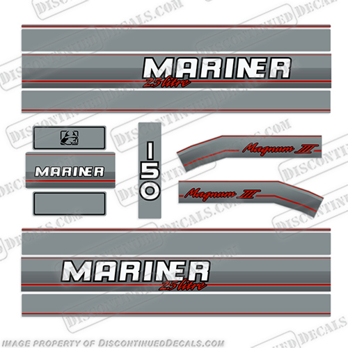 Mariner Magnum III 150hp 2.5L Decal Kit  mariner, decals, 150hp, 2.5, litre, liter, magnum, iii, 1992, outboard, engine, motor, cowl decal, stickers