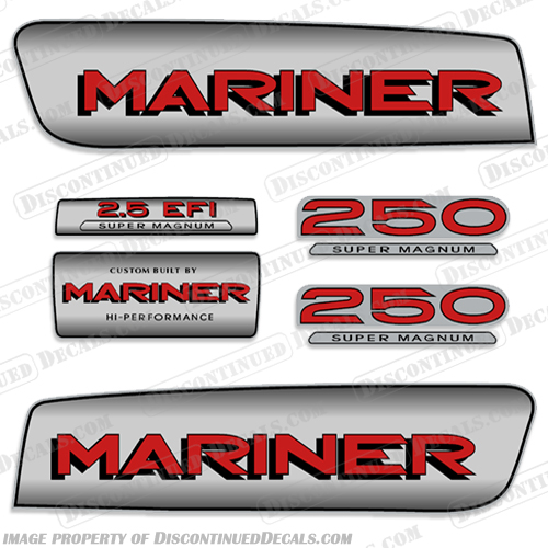 1998-2006 Mariner 250 2.5 Liter EFI Super Magnum Decal Kit - Custom Silver/Red mariner, 250, 2.5, hp, 250hp, 250 hp, efi, super, mangum, decals, boat, kit, stickers, custom, red, silver, 1998, 2006, hi-perfomance, built, alien, cowl, 