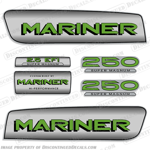 1998-2006 Mariner 250 2.5 Liter EFI Super Magnum Decal Kit - Custom Silver/Green mariner, 250, 2.5, hp, 250hp, 250 hp, efi, super, mangum, decals, boat, kit, stickers, custom, red, silver, 1998, 2006, hi-perfomance, built, alien, cowl, green