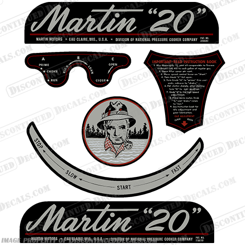 Martin 2.0hp Decal Kit  martin, mart, 2.0, 2, 20, decal, kit, set, stickers, decals, motor, boat, vintage, 