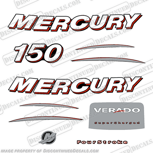 Mercury Verado Fourstroke 150hp Decal Kit - 2006 and up Curved  mercury, 150, hp, verado, fourstroke, 2006, 2007, 2008, 2009, outboard, motor, engine, decal, sticker, kit, set