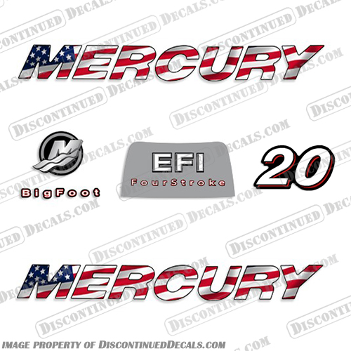 Mercury 20hp 4-Stroke EFI Decal Kit - 2006 FLAG 2006, mercury, 20, 20hp, 20 hp, straight, boat, decals, motor, engine, outboard, kit, American, America, Flag, 4-stroke, 4, stroke, four, EFI, 