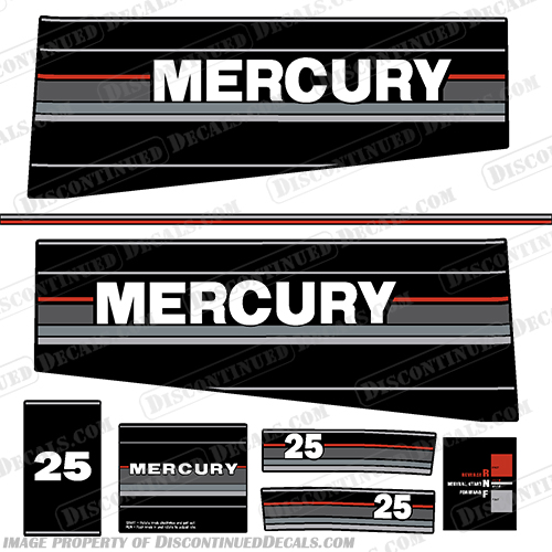 Mercury 25HP Outboard Engine Decals - 1989-1994 mercury, 25, 25hp, 25 hp, 1989, 1990, 1991, 1992, 1993, 1994, vintage, 89, 90, 91, 92, 93, 94, outboard, decals, stickers, kit, set, 1989-1994