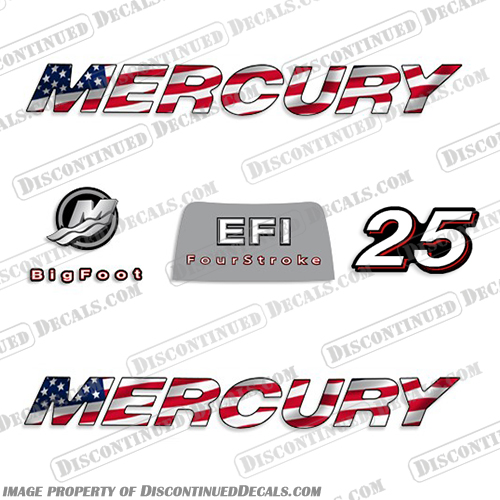 Mercury 25hp 4-Stroke EFI Decal Kit - 2006 FLAG 2006, mercury, 25, 25hp, 25 hp, straight, boat, decals, motor, engine, outboard, kit, American, America, Flag, 4-stroke, 4, stroke, four, EFI, 