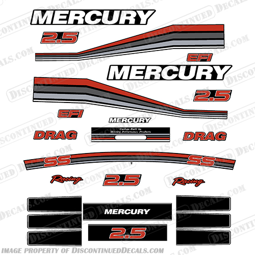 Mercury 260hp 2.5L Racing Decals - Custom Red/Silver/Dark Grey mercury, 260, 2.5, custom, red, silver, dark, grey, ss, drag, racing, outboard, motor, engine, decal, sticker, kit, set