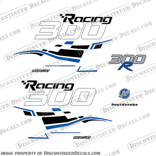Mercury 300hp Verado Racing Decals - Black / Blue mercury, 300, 300r, racing, efi, salt, water, saltwater, custom, outboard, engine, motor, decal, sticker, kit, set, verado, black, models, engines, 6, cylinder, 2006, 2007, 2008, 2008, 2009, 2010, 2011, 2012, 2013, 2014, 2015, 2016, 2017, red, dual stripes, 