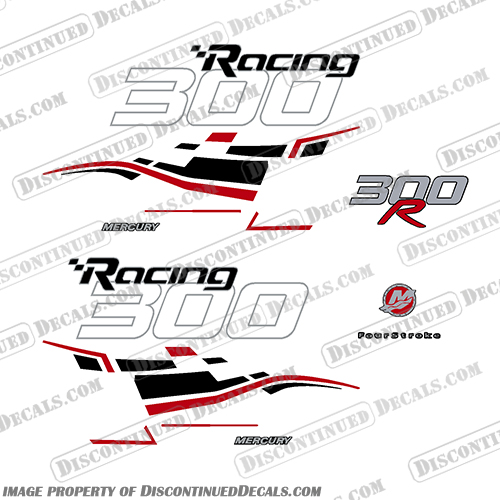 Mercury 300hp Verado Racing Decals - Black / Red mercury, 300, 300r, racing, efi, salt, water, saltwater, custom, outboard, engine, motor, decal, sticker, kit, set, verado, black, models, engines, 6, cylinder, 2006, 2007, 2008, 2008, 2009, 2010, 2011, 2012, 2013, 2014, 2015, 2016, 2017, red, dual stripes, 