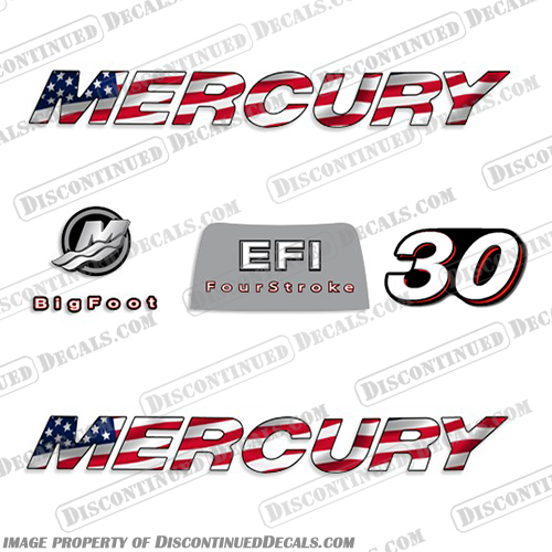 Mercury 30hp 4-Stroke EFI Decal Kit - 2006 FLAG 2006, mercury, 30, 30hp, 30 hp, straight, boat, decals, motor, engine, outboard, kit, American, America, Flag, 4-stroke, 4, stroke, four, EFI, 