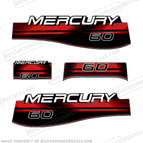 Mercury 60hp Decals - Red 1996-1998 big, foot, big foot, big-foot. 60, 1991, 1992, 1993,1994, 1995, 1996, 1997, 1998, 1999, merc, mercury, outboard, decal, sticker, kit, set, engine, motor, INCR10Aug2021