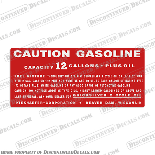 Mercury Kiekhaefer 12 Gallon Gas Fuel Tank Decal  Mercury, Kiekhaefer, 1953, 1954, 1955, 1956, 12, 12g, Gallon, fuel, Gas, Tank, Decal, label, INCR10Aug2021