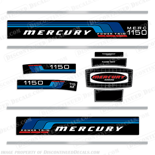 Mercury 115HP Power Trim Outboard Engine Decals - 1976-1977 mercury, 115, hp, 115hp, outboard, engine, decals, sticker, set, 1976, 1977, boat, motor, engine, decal, blue, power, trim, 