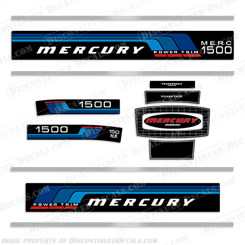 Mercury 1976 - 1977 150HP Power Trim Outboard Engine Decals  mercury, 150hp, 150, hp, power, trim, 1976, 1977, outboard, engine, decals, set, stickers, motor, decal, blue, vintage,