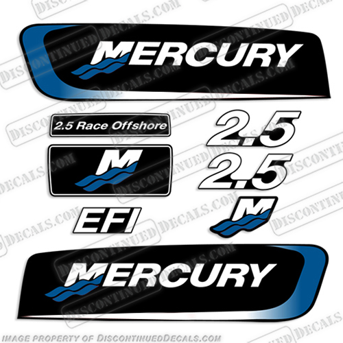 Mercury 2.5 Liter EFI Racing Decal Kit - Custom White/Blue mercury, decals, 2.5, alien, cowl, efi, custom, white ,blue, stickers, decal, kit, set