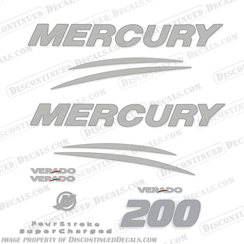 Mercury Verado 200hp Decal Kit - Chrome/Silver  200, 200hp, chrome, silver, hp, outboard motor, tiller, engine, decal, sticker, kit, set, INCR10Aug2021