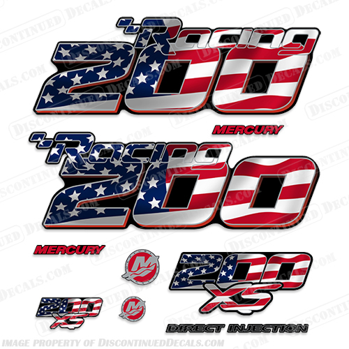 Mercury Racing Optimax 200XS DFI DECAL SET 8M0121263- American Flag! 200, 200-xs, 200 xs, xs, 016 2017 Mercury Racing 200 hp Optimax 200XS decal set replica (All domed decals and emblem as flat vinyl decals Non OEM)  Referenced Part number: 8M0121263  Made as decal Upgrade for 2006-2017 Outboard motor covers. RACE OUTBOARD HIGH PERFORMANCE 3.2L 300XS OPTIMAX 1.62:1 300 XS L SM PN: 881288T64 ,898103T93, 8M0121265. ,american, flad, racing, mercury, 300, optimax, 