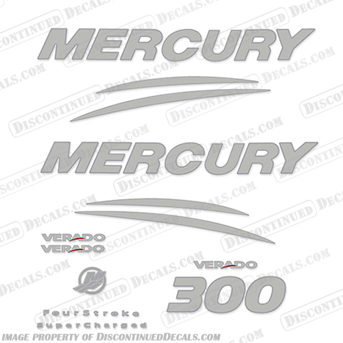 Mercury Verado 300hp Decal Kit - Chrome/Silver mercury, 300, verado, chrome, silver, decals, sticker, kit, set, decal, hp, 300hp