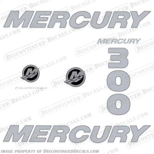 Mercury 300hp Fourstroke Decal Kit - Chrome/Silver - 2019-2023 mercury, 300, fourstroke, chrome, silver, decals, sticker, kit, set, decal, hp, 300hp, 2019, 2020, 2021, 2022, 2023, engine, outboard, 