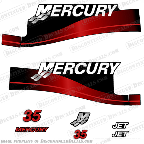 Mercury 35hp Jet Drive Decal Kit 1999-2004 (Red) mercury, 35hp. 35, hp, jet, drive, decal, kit, stickers, set, decals, 1999, 2000, 2001, 2002, 2003, 2004, engine. moto. red, 