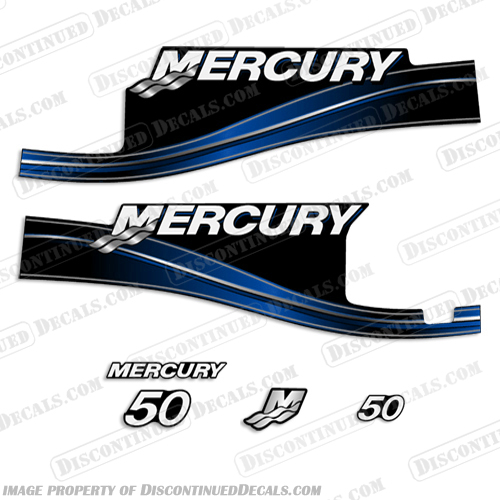 Mercury 50hp 2 Stroke Decal Kit (Blue) 2005 - 2009 with Oil Window 50 hp, 2 stroke, 2005, 2006, 2007, 2008, 2009, oil window, 2-stroke, 05, 06, 07, 08, 09, INCR10Aug2021