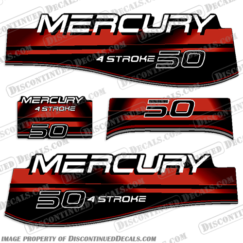 Mercury 50hp 4 Stroke Decals - Red 1996 1997 1998 for FourStroke Motor big, foot, big foot, big-foot, Mercury, 50, 50hp, hp, horsepower, 4, stroke, fourstroke, four, 4-stroke, Red, 1996, 1997, 1998, 