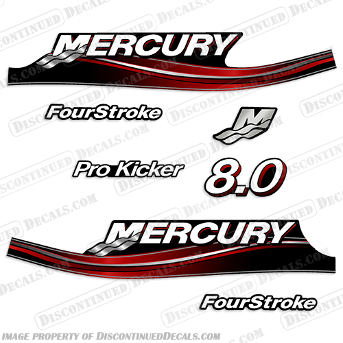 Mercury 8.0hp FourStroke Pro Kicker Decal Kit - 2005 Style (Red) mercury, 8.0 hp, 8hp, 8 hp, 8.0hp, horsepower, 9.9hp, 2005, 2006, 2007, 2008, 2009, 2010, electronic, fuel, injection, four, stroke, outboard, engine, motor, decal, kit, set, pro, kicker, FourStroke, 4-Stroke, 4Stroke