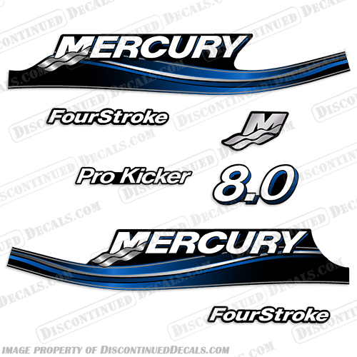 Mercury 8.0hp FourStroke Pro Kicker Decal Kit - 2005 Style (Blue) mercury, 8.0 hp, 8hp, 8 hp, 8.0hp, horsepower, 9.9hp, 2005, 2006, 2007, 2008, 2009, 2010, electronic, fuel, injection, four, stroke, outboard, engine, motor, decal, kit, set, pro, kicker, FourStroke, 4-Stroke, 4Stroke, Blue
